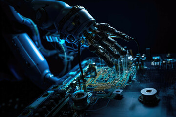 Plakat A robot arm, with a glowing blue light, reaching out of a circuit board - Generative AI