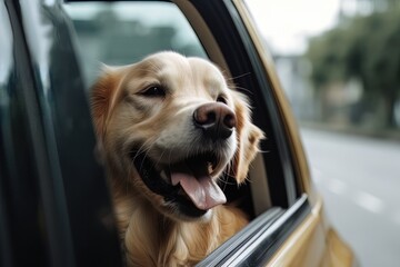 Cute Labrador retriever dog looking out of car window in sunset light. Generative ai