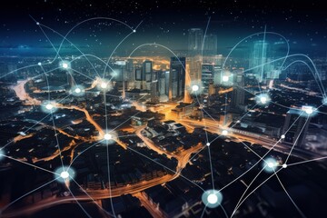 Smart Connected city skyline. Futuristic network concept, city Technology. Generative ai