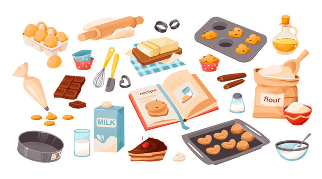 A set of baking ingredients. Products and kitchen tools for cooking baking recipes. Cartoon vector illustration