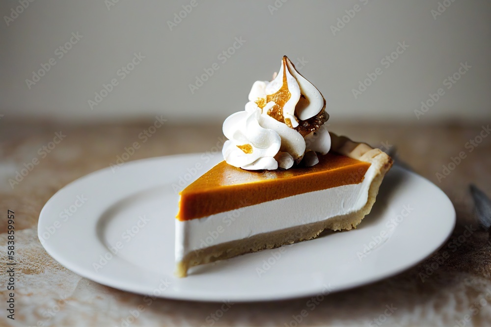 Sticker Piece of pumpkin pie with cream on plate on table, created with generative ai