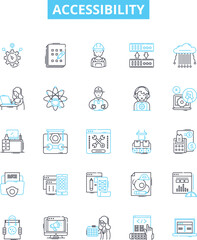 Accessibility vector line icons set. Accessible, Ease, Mobility, Aids, Adaptability, Permeability, Usability illustration outline concept symbols and signs - obrazy, fototapety, plakaty