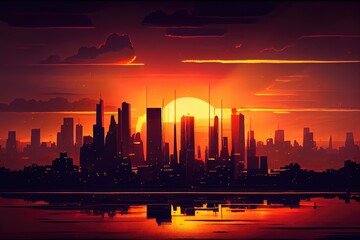 Obraz na płótnie Canvas city skyline during sunset, with the setting sun casting warm and colorful light over the city, created with generative ai
