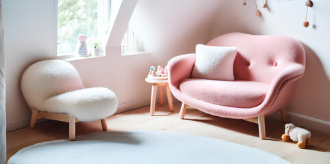 Girls room interior. Pink armchair and sofa. Generative AI.