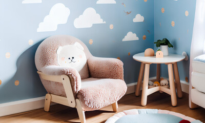 Kids interior in pastel colors. Pink armchair with wooden elements. Blue wall with clouds. Generative AI.