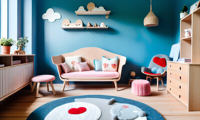 Kids interior with pink sofa and blue rug. Blue wall, wooden accessories. Generative AI.