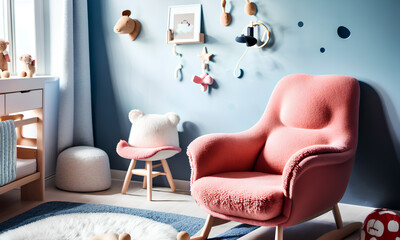 Blue interior with pink armchair. Wooden decorations. Generative AI.