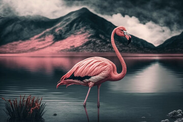 Pink beautiful flamingo bird relaxing on a lake in beautiful nature. Wild exotic wildlife fauna concept idea. Ai generated