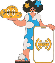 Girl with server for cloud storage and IoT.