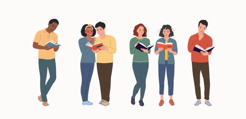 Young  different women and men in full height reading book isolated. Vector flat illustration © lyudinka