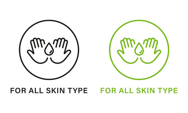 For All Skin Body Types Line Green and Black Icon Set. Cosmetic Beauty Product Outline Pictogram. Natural Cosmetic For All Skin Types Icon. Dermatology Skincare Symbol. Isolated Vector Illustration