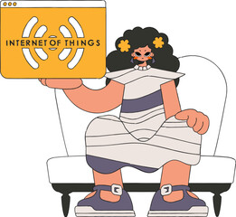The girl is holding the Internet of Things logo in her hands.