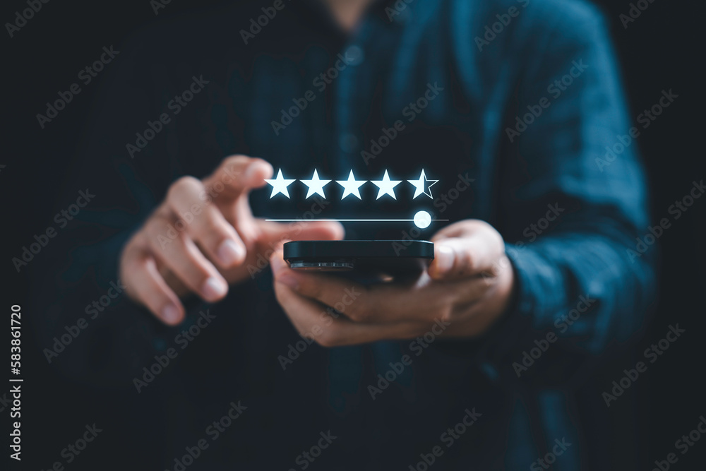 Poster businessman using mobile phone to give five stars for excellent evaluate after customer use product 