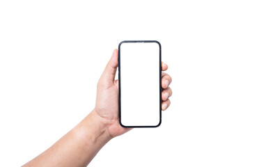 Isolate of Hand holding  blank screen of smartphone on white background with clipping path for mockup advertisement and social icon.