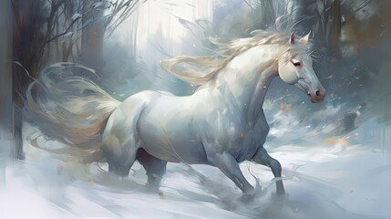 Obraz na płótnie Canvas beautiful white horse in morning mist, Generative Ai