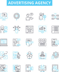 Advertising agency vector line icons set. Agency, Advertising, Promotion, Publicity, Media, Marketing, Creative illustration outline concept symbols and signs