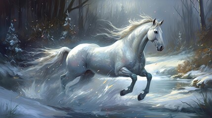 Naklejka na ściany i meble beautiful white horse in morning mist, Generative Ai