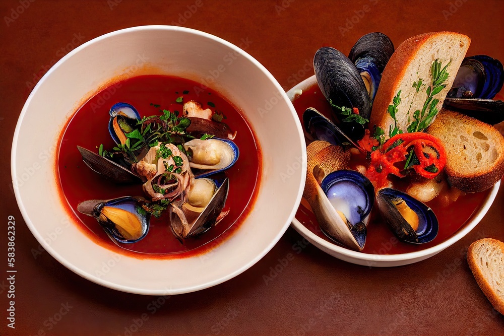 Wall mural Seafood soup with mussels and tomato sauce in deep bowl, created with generative ai - Wall murals