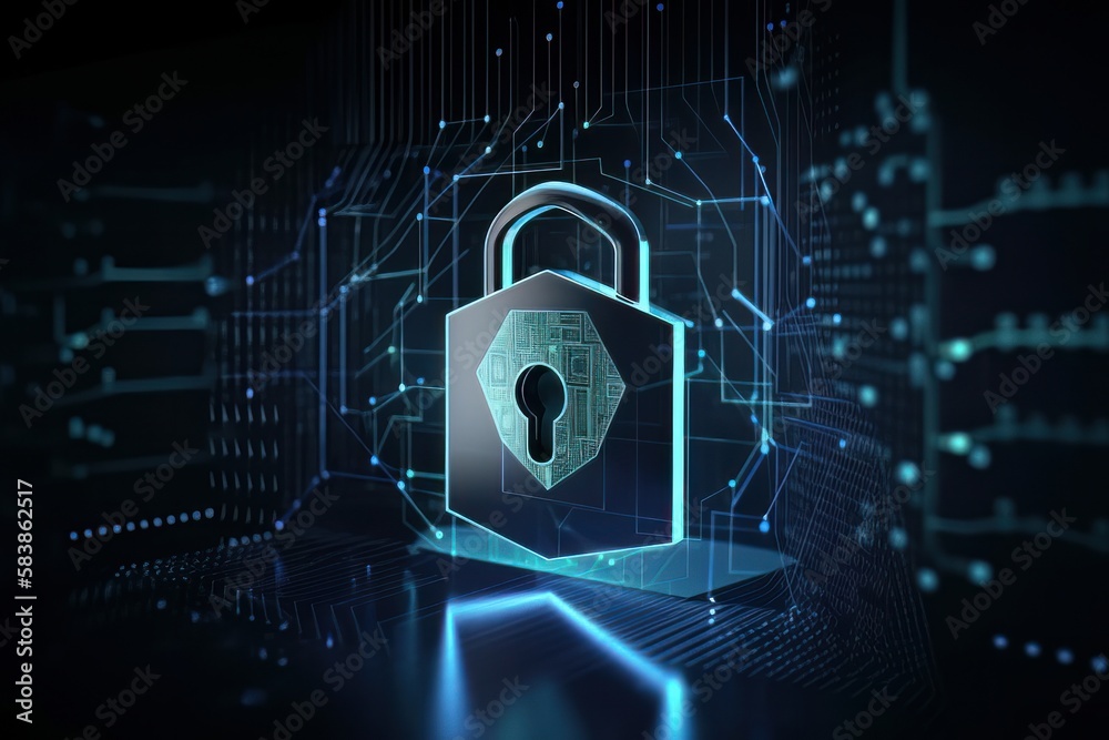 Poster cybersecurity concept, keylock in blue colors, binary code lock, ai generated