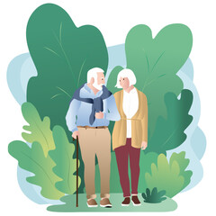 Senior couple spend time outdoors. Vector illustration of cartoon happy senior man and woman walking in summer park with corgi dog. Isolated on background