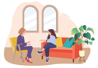 Woman sitting in armchair and talking with psychologist. Thought, therapy, mind flat vector illustration. Mental health and psychology concept for banner, website design or landing web page