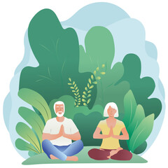 Obraz na płótnie Canvas Cute elderly couple is sitting on the grass doing a meditation session. Seniors rest outdoors. Concept of long and happy love and marriage. happy senior couple in summer at the park. Vector illustrat