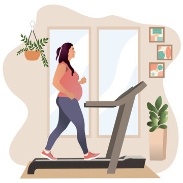 Exhausted fat woman trying to loose fat running on Electric Treadmill at home. Vector Illustration about exercise, health, , cardio training and diet.