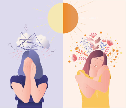 Healthy mentality and self care illustration. Happy woman feel confident, relax, accept and love herself. Selfcare and acceptance concept and sad  woman feel confused and overwhelmed. Vector illustrat