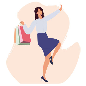 Young happy woman in an elegant dress having fun with shopping bags colorful character vector Illustration