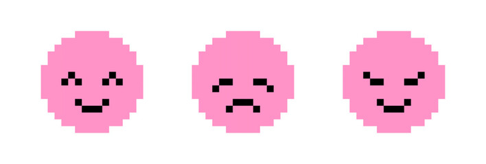 Pink and Black Emo Pixel 8bit Smileys Set. Happy, smiling, sad, crying and angry emojies, emotions. Brutalism (Full vector)