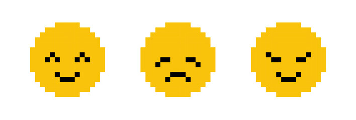 Yellow Pixel 8bit Smileys Set. Happy, smiling, sad, crying and angry emojies, Y2K emotions. (Full vector)