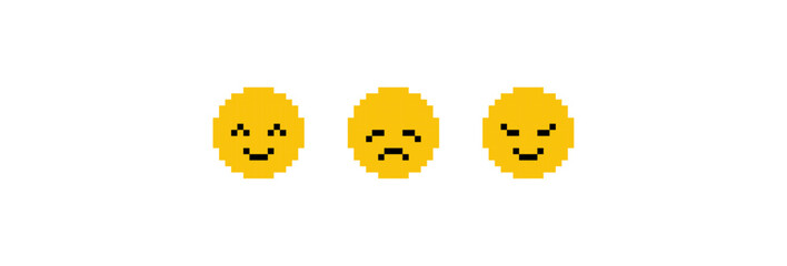 Yellow Pixel 8 bit Smileys Faces Set. Happy, sad and angry emojies, emotions. (Full Vector)