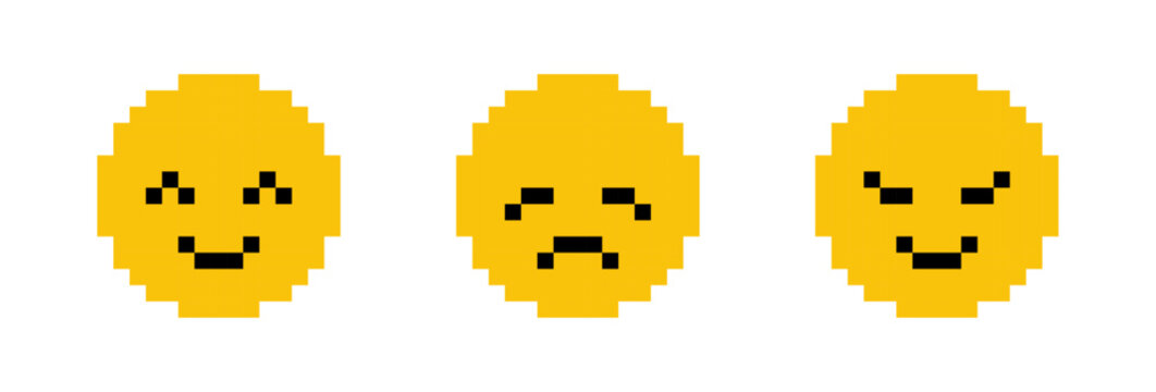 Yellow Pixel 8bit Smileys Set. Happy, smiling, sad, crying and angry emojies, Y2K emotions. (Full vector)