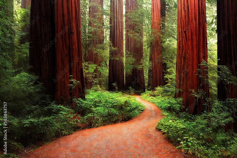 Poster Forest path among tall trees in sequoia forest, created with generative ai