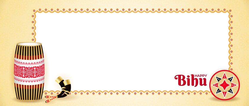 Happy Bihu Assam New Year Horizontal Banner. Space for text. Traditional India Harvest Festival Vector Illustration. Drum (onoinya), horn (pepa), bamboo hat (japi). Magh, Bhogali, Rongali or Kati Bihu