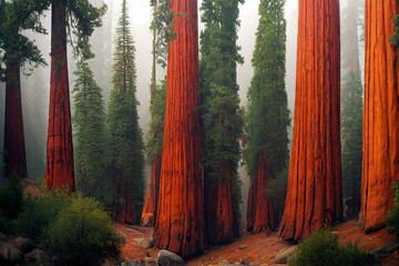 Giant redwood trees in haze of sequoia forest, created with generative ai