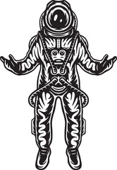 Vintage retro astronaut. Can be used for logo, badge, label. mark, poster or print. Monochrome Graphic Art. Woodcut lincut old stylization.