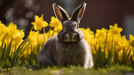 Rabbit with fluffy brown fur sitting in a patch of daffodils, created with Generative AI