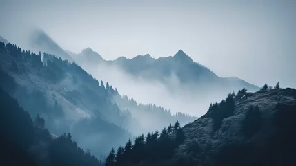 Foto auf Acrylglas Morgen mit Nebel mountains in the fog - generative ai