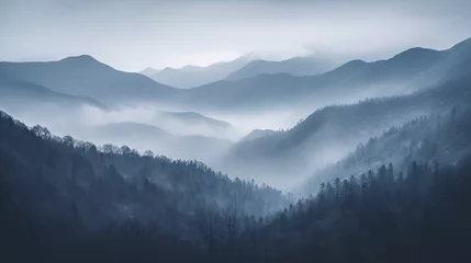 Door stickers Morning with fog mountains in the fog - generative ai