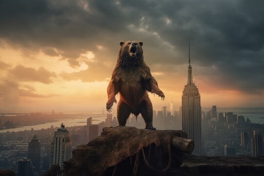 Giant bear roaring on top of ruins of a destroyed Wall Street bank in New York City. Market crash, recession concept. Generative ai illustration.