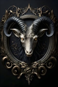 the image of the portrait of Capricorn of the zodiac sign, gold and black, decorated with Gothic lace and precious stones, a fantasy generated by artificial intelligence