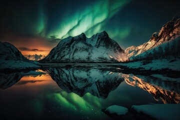 Fototapeta na wymiar Aurora borealis on the Lofoten islands Norway, generative ai