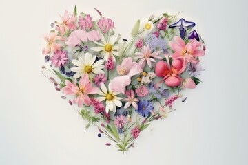 Heart Shaped Thin Tendrils of Cloudy Colorful Flowers Against a White Transparent Background. Generative ai