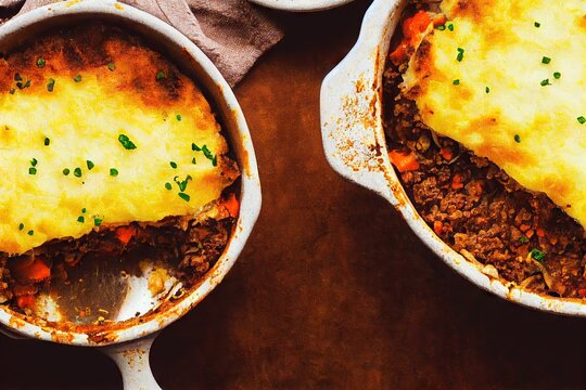 Traditional homemade food Shepherds pie with potatoes cheese and lamb on wooden table, created with generative ai