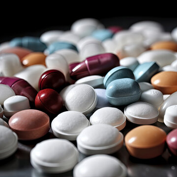 Pile of medication pills in all sorts of colors and shapes in dramatic lighting created with Generative AI technology