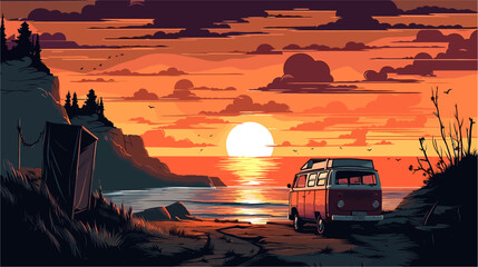 A Beautiful Sunset On A Roadtrip With The Camper Van At The Coast