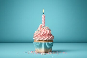 Birthday Cupcake With One Candle on blue background, with copyspace for text, generative ai - obrazy, fototapety, plakaty
