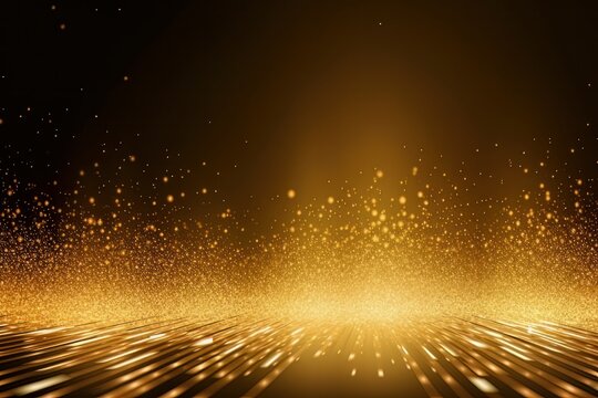 Bokeh background with blank wooden table for displaying product montage. Golden bokeh sparkle on black background And the wooden floor in focus is blurred. Generative ai