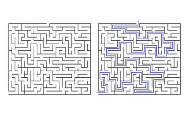 Labyrinth maze game vector illustration with solution. Find right way, simple logic game. Puzzle for kids.